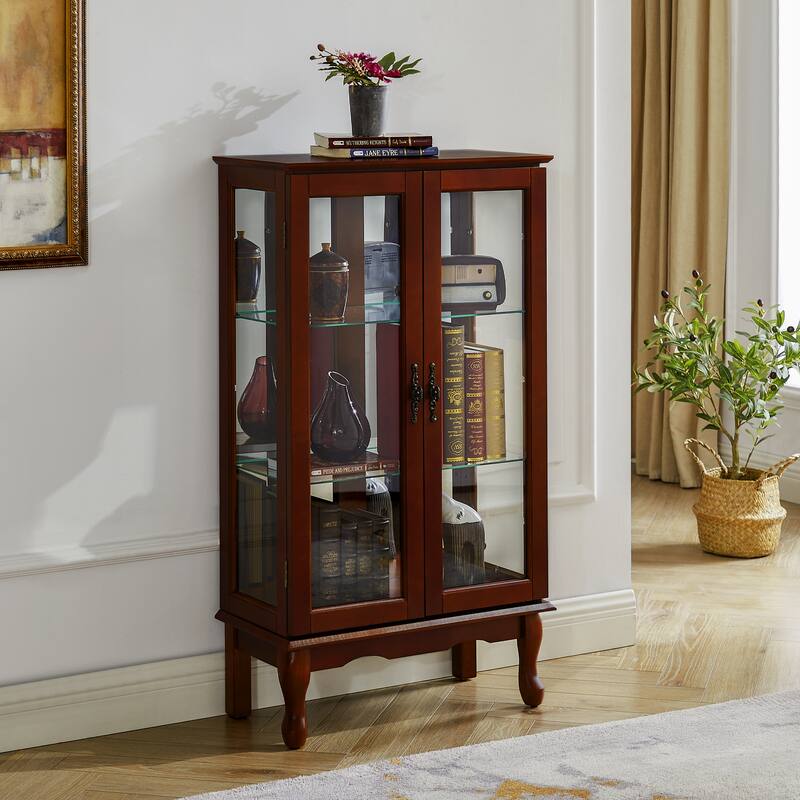 Lighted Curio Display Cabinet with Adjustable Shelves and Mirrored Back Panel