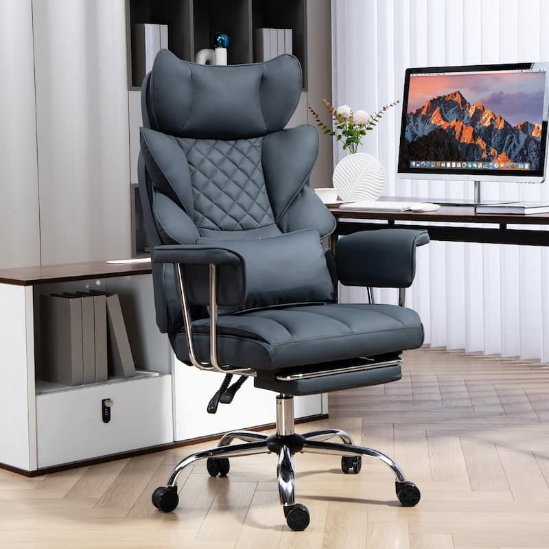Comfortable Ergonomic Office Chair with Foot Rest, PU Leather Reclining Chair with Adjustable Height Headrest and Waist Lumber - Black