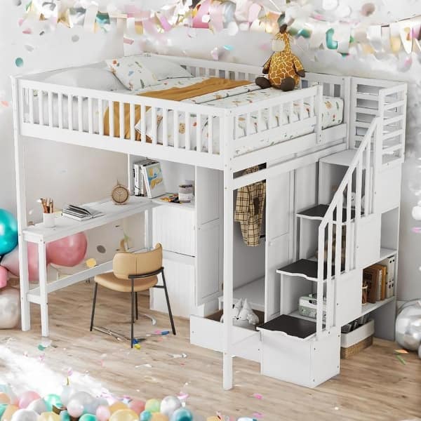 slide 2 of 19, Full Size Wooden Loft Bed with Bookshelf,Drawers,Desk,and Wardrobe,Multifunctional Loft Bed White