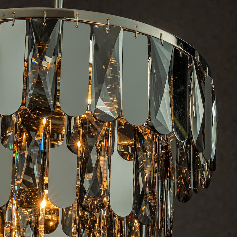 CraftHome Dimmable Modern Smoked Crystal Chandelier Contemporary Round Polished Nickel Pendant Light Fixture