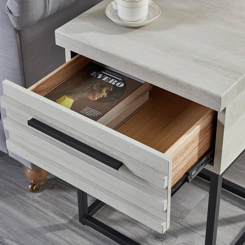 3-Piece Upholstered Bedroom Set, Tufted Wingback Bed with Two Nightstands - Gray/White
