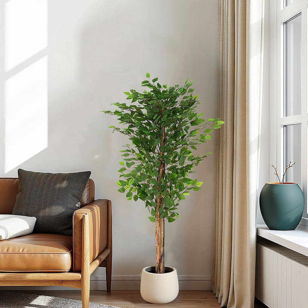 Roomfitters 63" Artificial Ficus Tree with Black Plastic Pot, Indoor Decorative Faux Plant