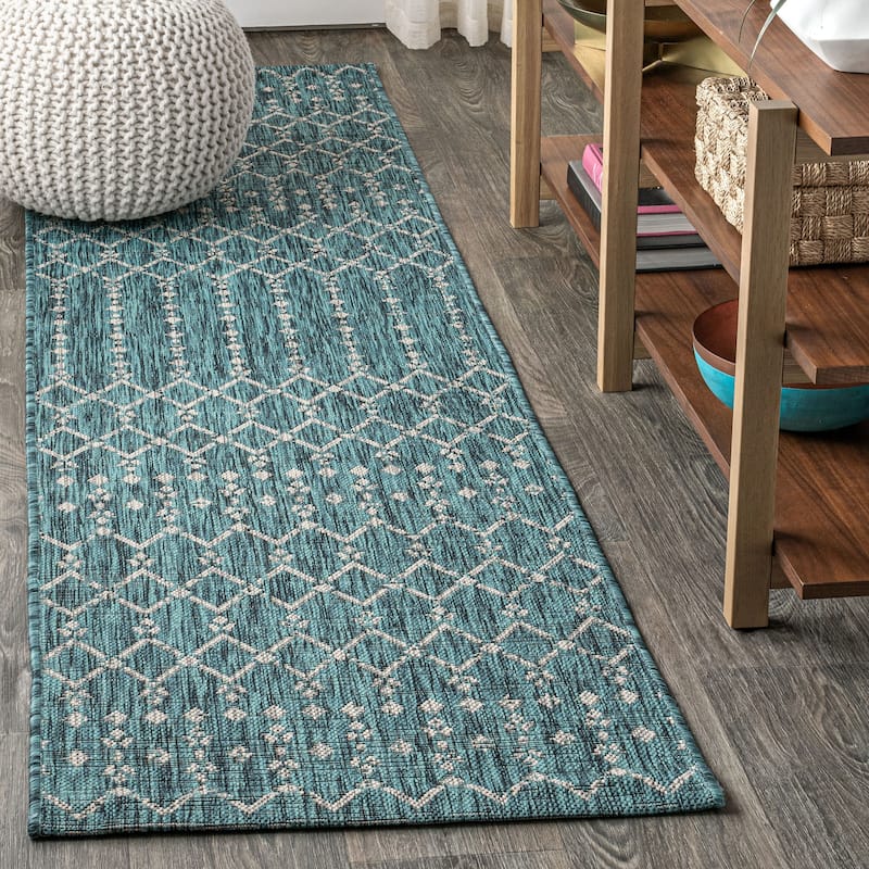JONATHAN Y Trebol Moroccan Geometric Textured Weave Indoor/Outdoor Area Rug - 2 X 10 - Teal/Gray