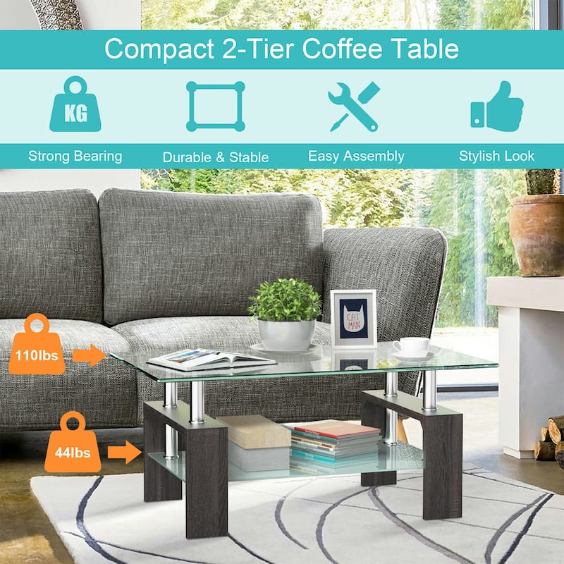 Costway Black Rectangular Tempered Glass Coffee Table w/Shelf Wood