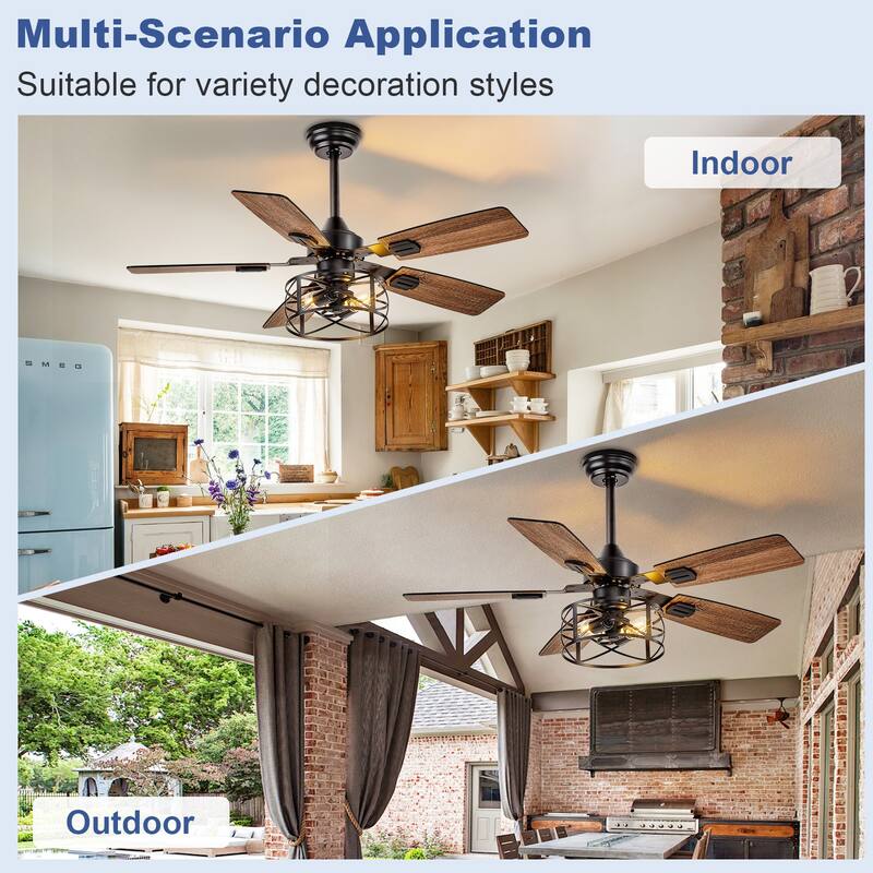 42-52Inch Caged Ceiling Fans with Lights: Dual Finish 5 Blades - Rustic with Remote Control (E26 Bulb Included)