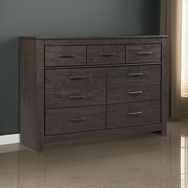 Brin 61 Inch Wide Dresser, 7 Drawers with Pewter Bar Handles, Gray Oak Wood