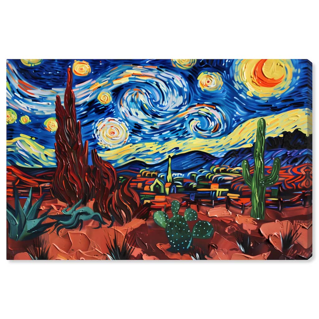 Art Remedy Desert Night Stars Gallery Wrapped Impressionism 1 Piece Canvas Wall Art /Monet And Van Gogh Inspired Art
