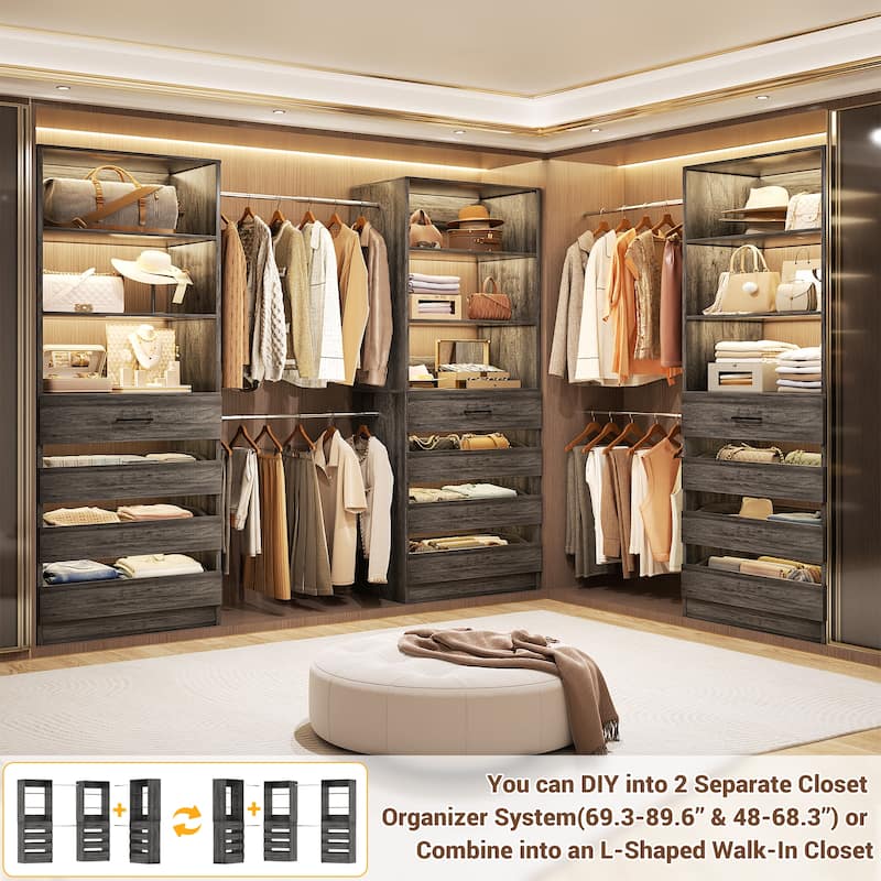 140'' Walk-in Closet Organizer System with 12 Drawers ＆ 4 Hanging Rods, 8.5-11.5FT Wooden Wardrobe Clothes Rack with 3 Towers