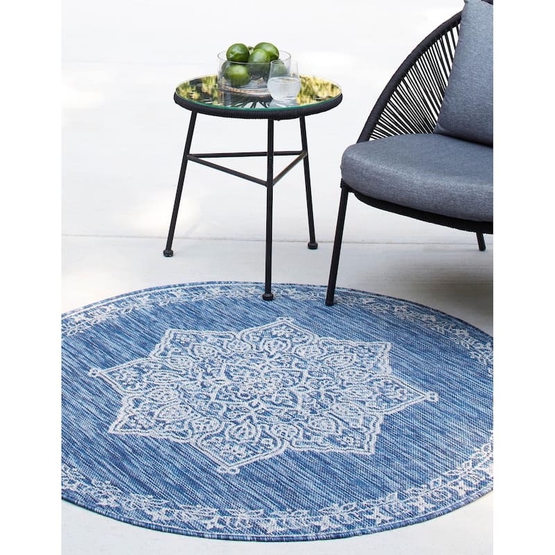 Outdoor Nirie Collection Area Rug - Blue - 4' Round