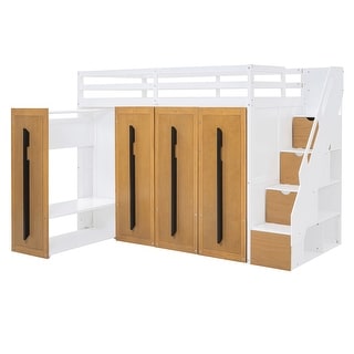 Twin Size Loft Bed with Storage Stairs & 4 Wardrobes Underneath, Space Saving Wooden Loftbed Frame for Kids&Teens Bedroom, White