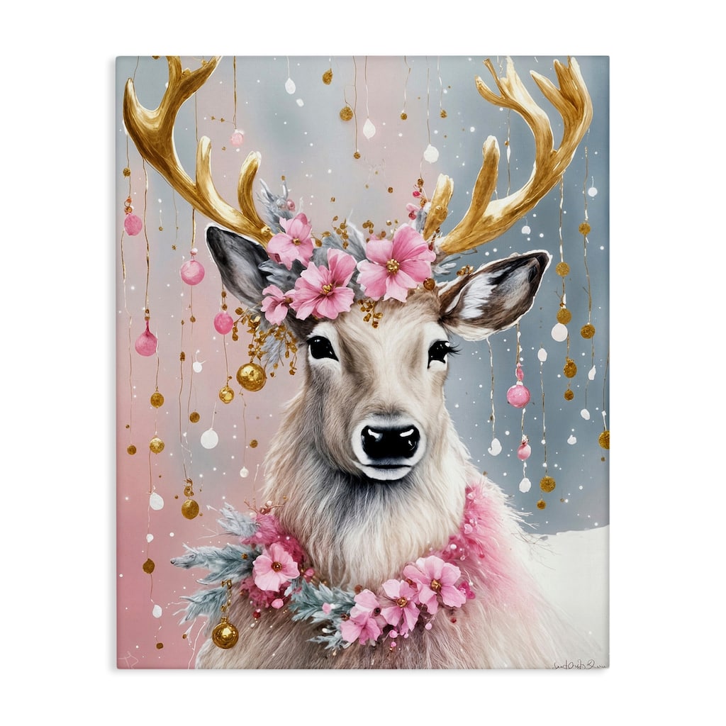 Stupell Pink Floral Festive Reindeer Canvas Wall Art Design By Tabz Jones