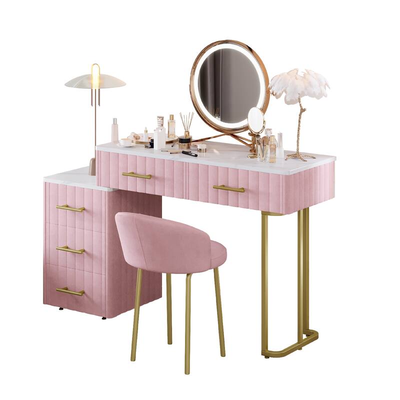 Velvet Upholstered Makeup Vanity Desk with 5 Storage Drawers, Marble-Look Sticker Top Dressing Table and Padded Makeup Chair Set
