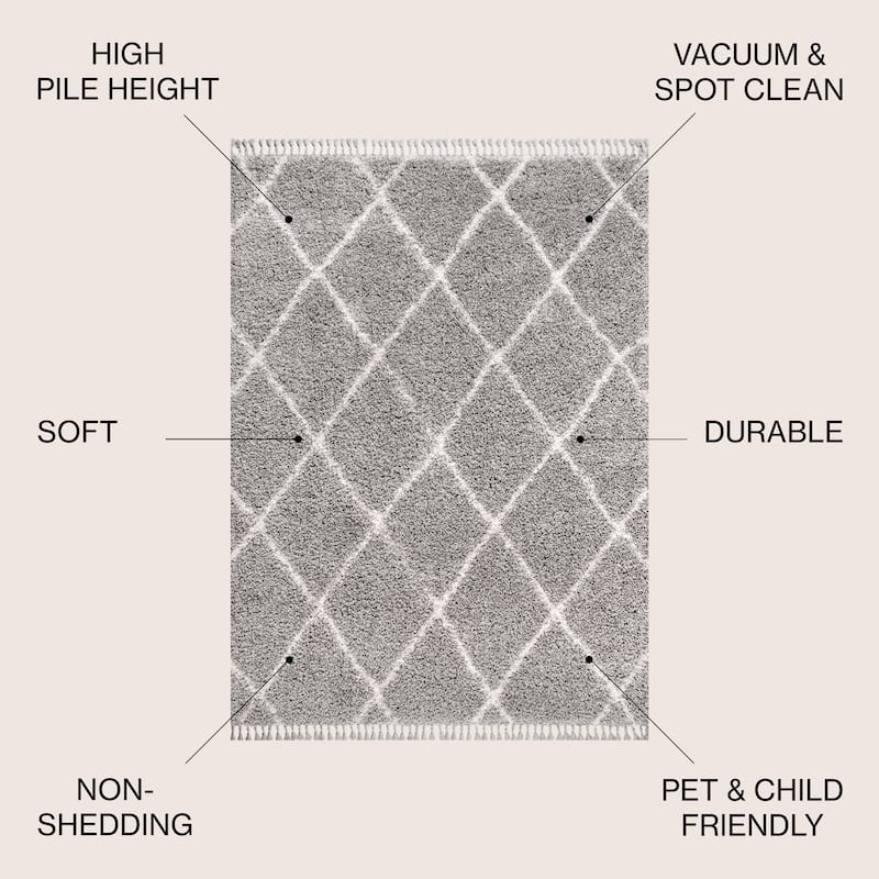 JONATHAN Y Modern Shag Plush Tassel Moroccan Geometric Trellis Area Rug - 3 X 5 - Grey/Cream