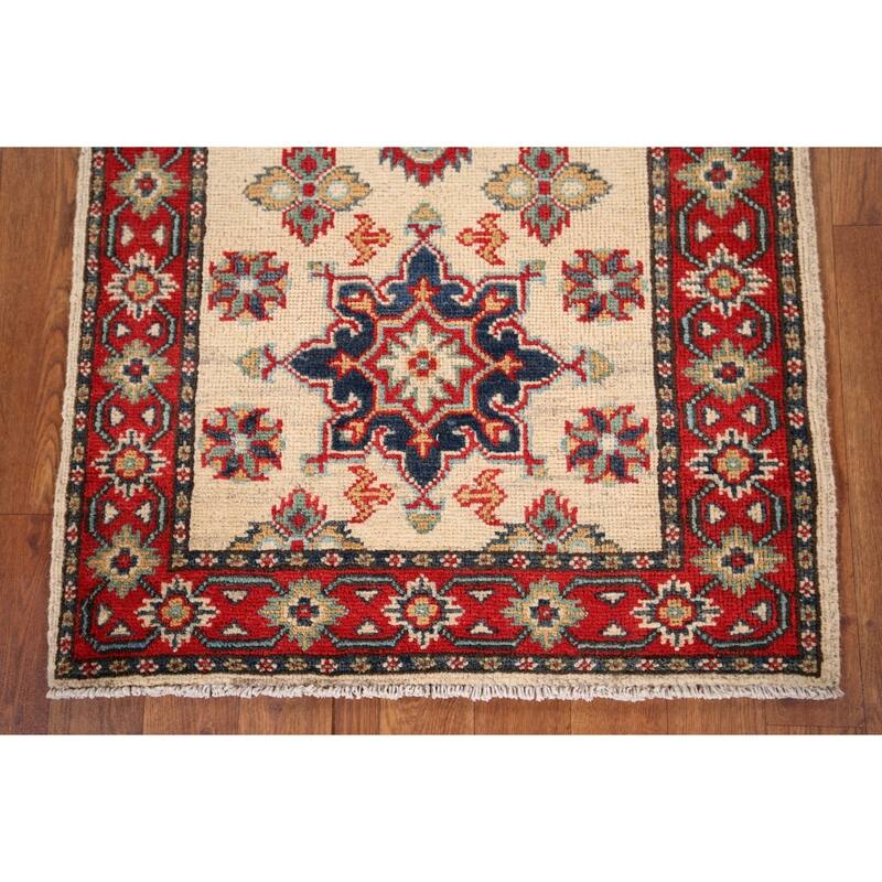 Geometric Kazak Runner Rug Hand-Knotted Beige Wool Carpet - 2'3" x 5'11"