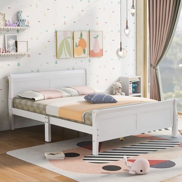slide 2 of 26, Full Size Sleigh Bed Wood Platform Bed with Headboard and Footboard White - Full