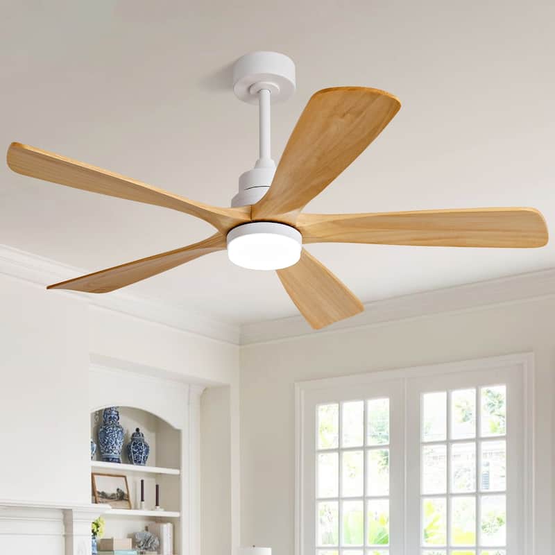 52" Ceiling Fans With Lights and Remote Control, Dimmable LED, 5 Solid Wood Blades,for Bedroom, Living Room - 52 Inches - White with Wood