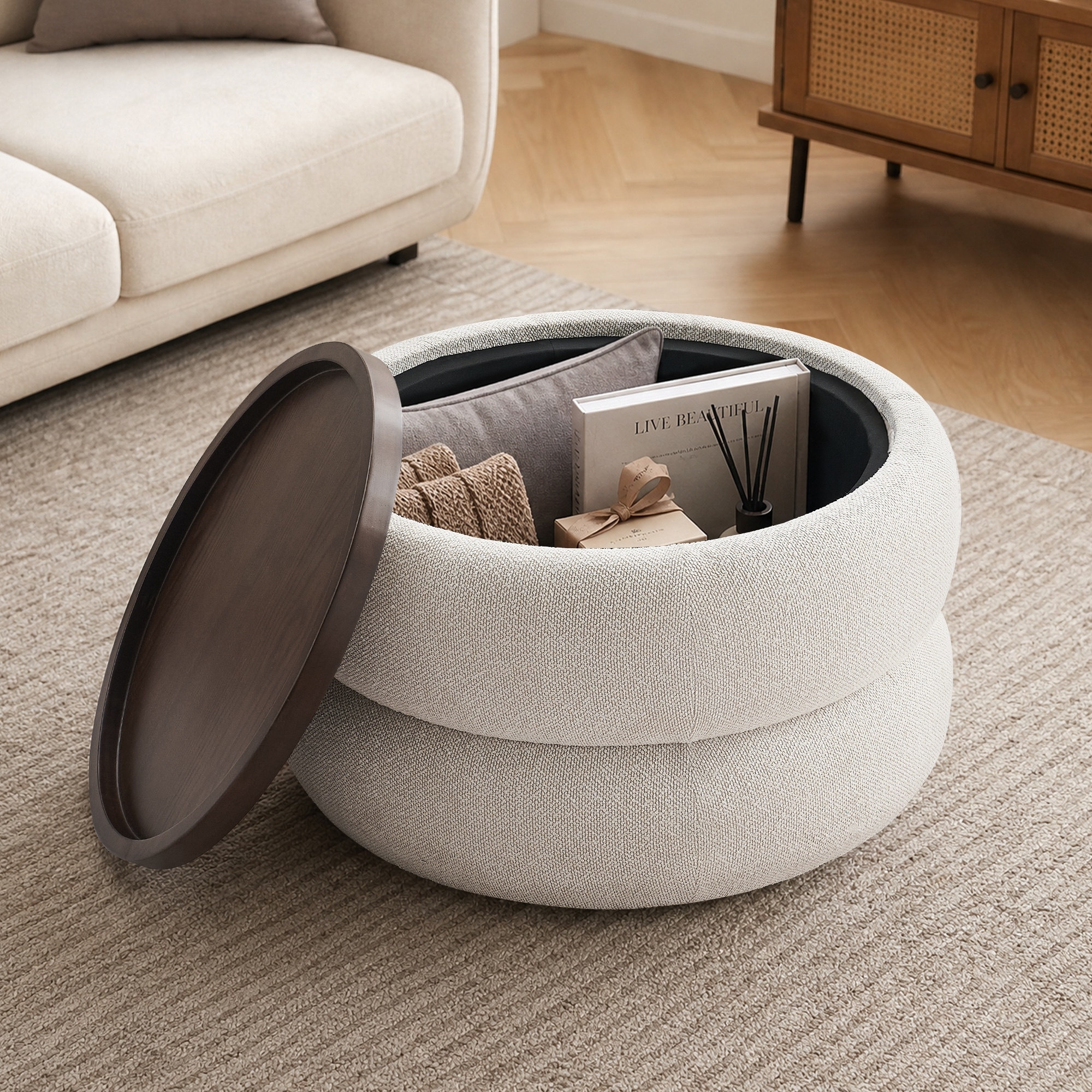 A 29-inch modern-style double-layer round wooden tray Ottoman with Storage