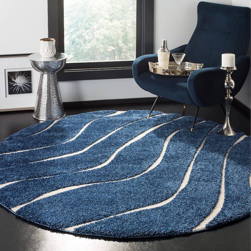 SAFAVIEH Florida Shag Hervor Soft Serene Waves 1.2-inch Thick Rug - 4' Round - Dark Blue/Cream - Round