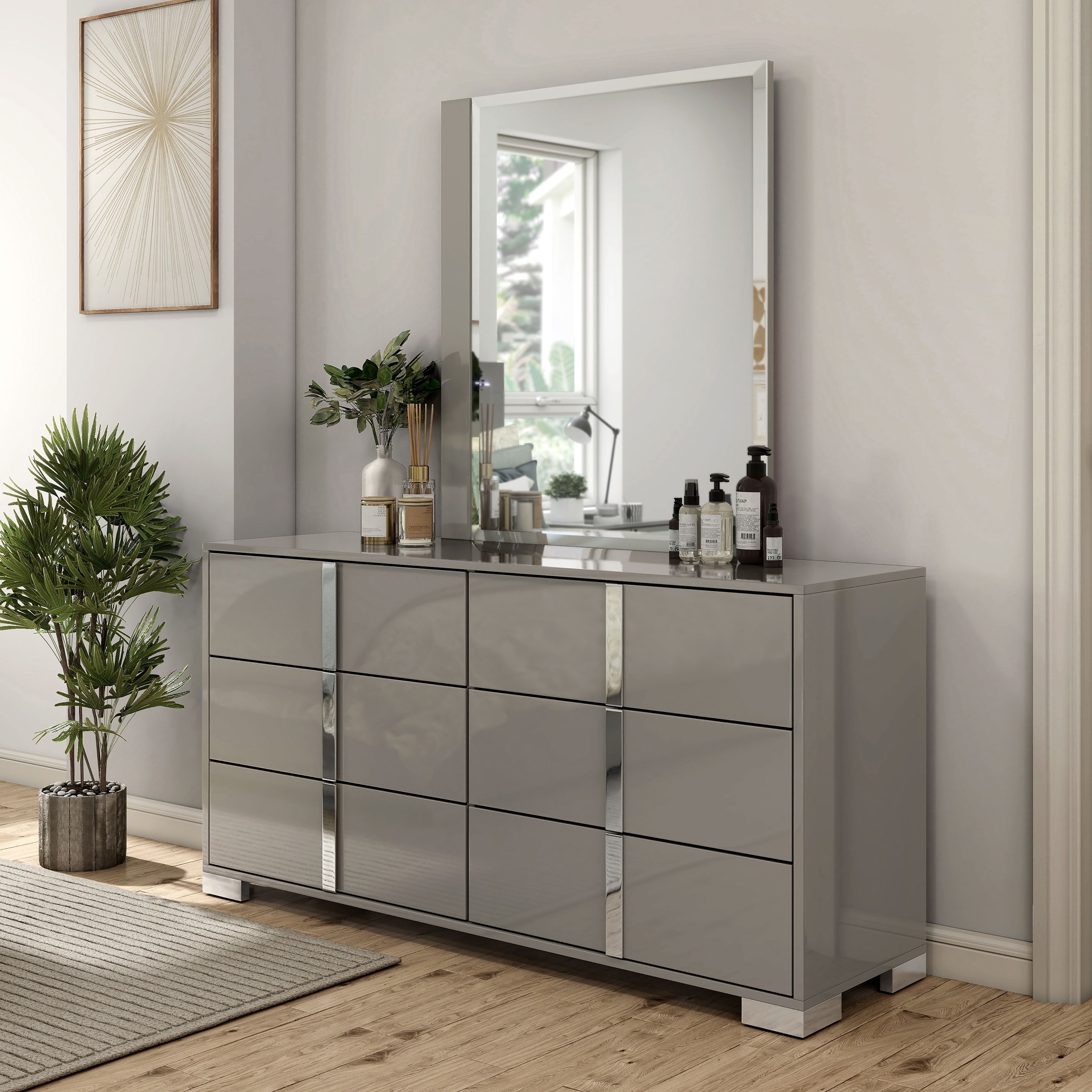 Furniture of America Erina Modern Glossy 2-Piece 6-Drawer Dresser and Mirror Set