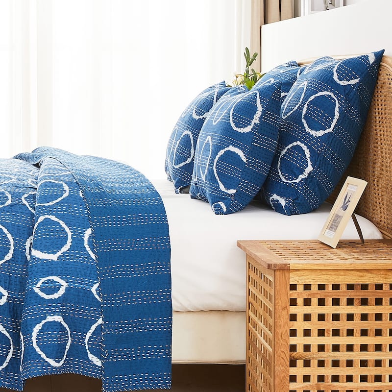 Melange Hand Stitched Kantha Block Print Circle Coverlets and Shams