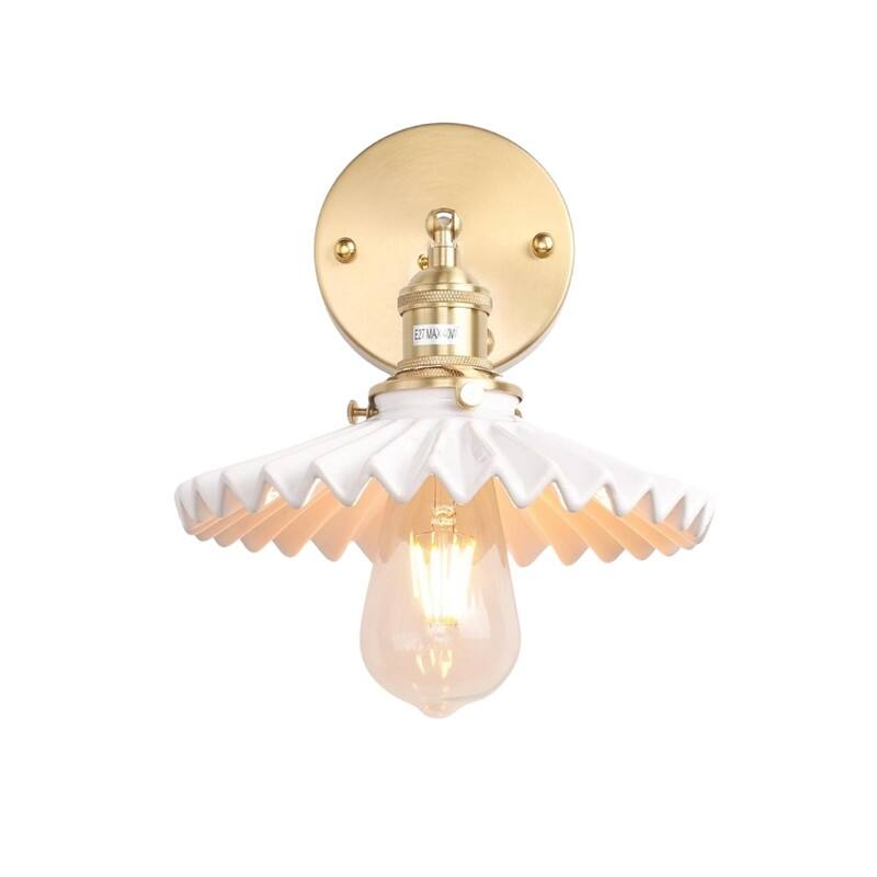 1 Light wall sconce pleated white wall lighting brass, ceramic bedroom wall lighting