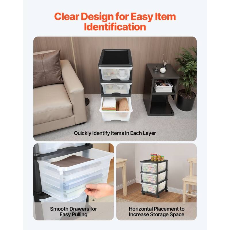 Multi-Purpose Plastic Storage Drawers with Transparent Front and Rolling Cabinet for Bedroom or Kitchen