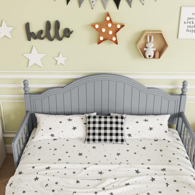 Kids Wooden Platform Bed with Headboard and Footboard, Low Profile Bed Frame with Removable Guardrail Design