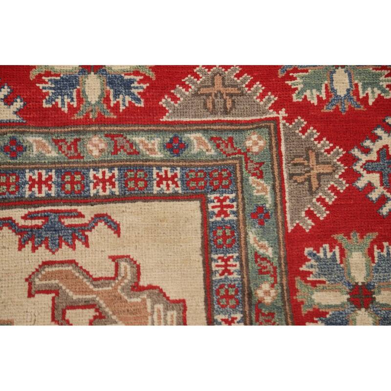 Geometric Kazak Area Rug Handmade Beige Wool Carpet - 4'10" x 6'6"