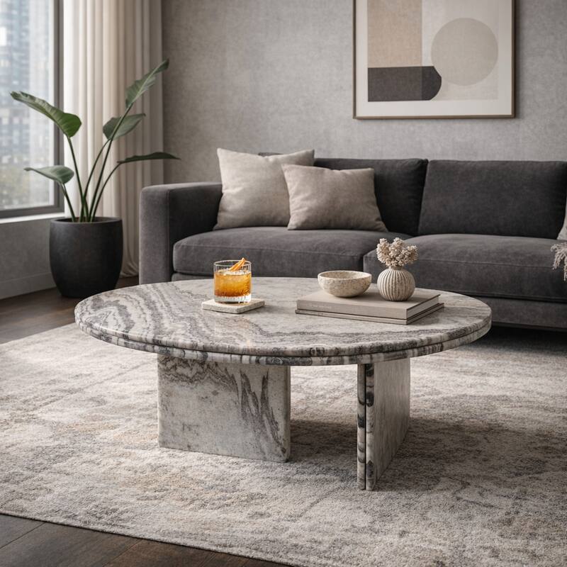 Round Marble Coffee Table with Pedestal Base - Ivory/Gray, 42" - 42.0" - Marble - 42.0" - Ivory/ Gray