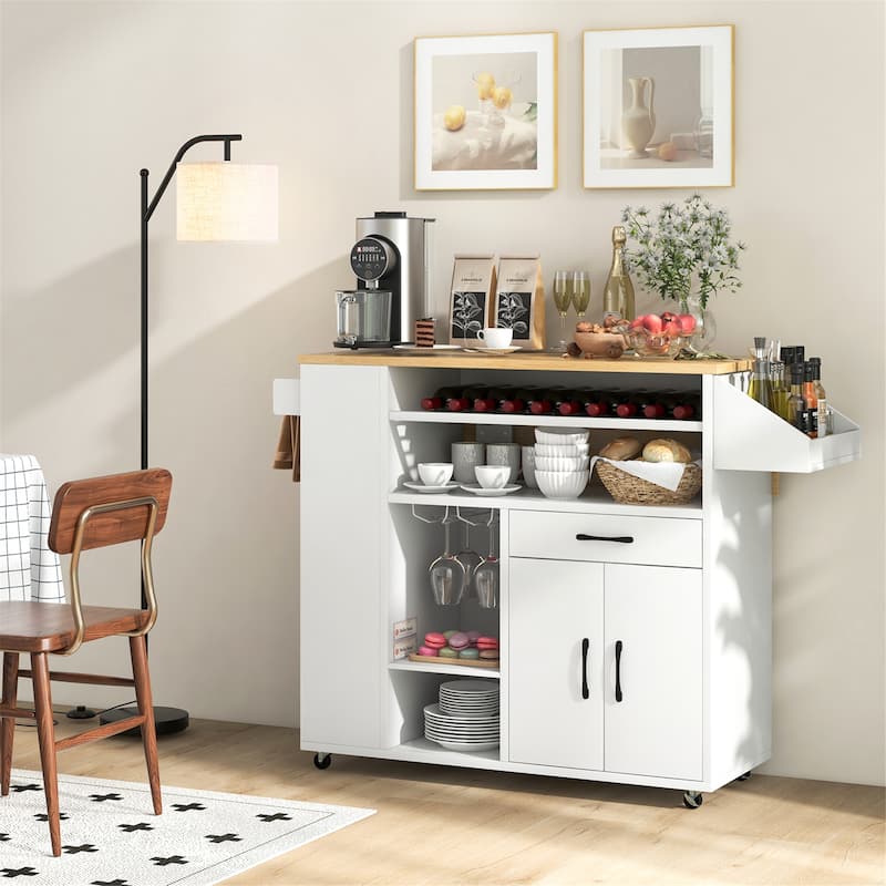 Gymax Drop-Leaf Kitchen Island Cart w/ Power Outlet Wine Rack Glass