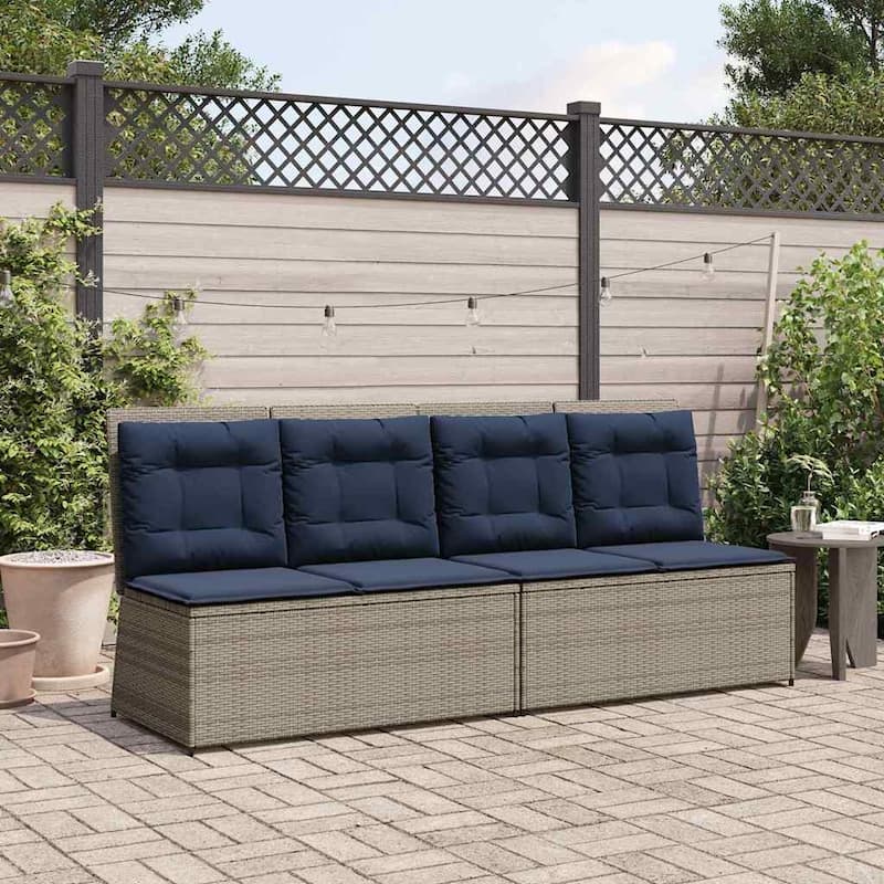 vidaXL Garden Bench with Cushion Brown Poly rattan - 26 x 43 x 37 - gray and navy blue
