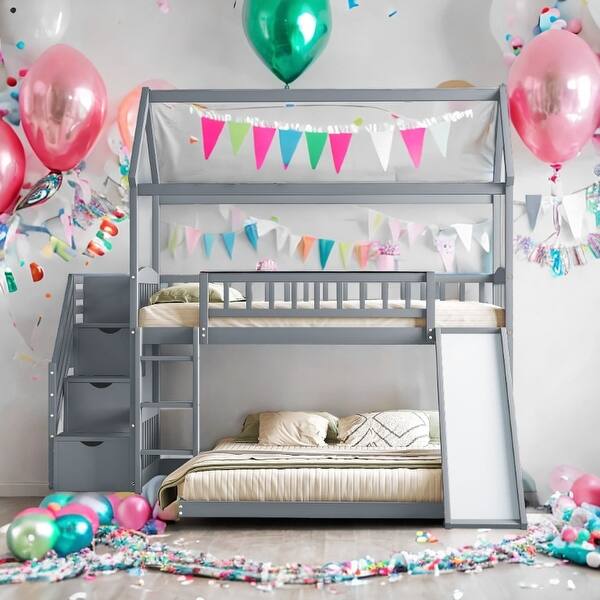 slide 2 of 20, Friendly Design Twin Over Twin Bunk Bed with Two Drawers and Slide, House Bed with Slide Gray