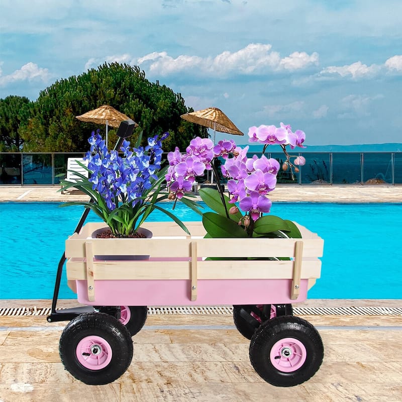 Outdoor Garden Cart, All Terrain Cargo Wagon Wood Railing Children - 39.37" x 19.3" x 20.28" (L x W x H)