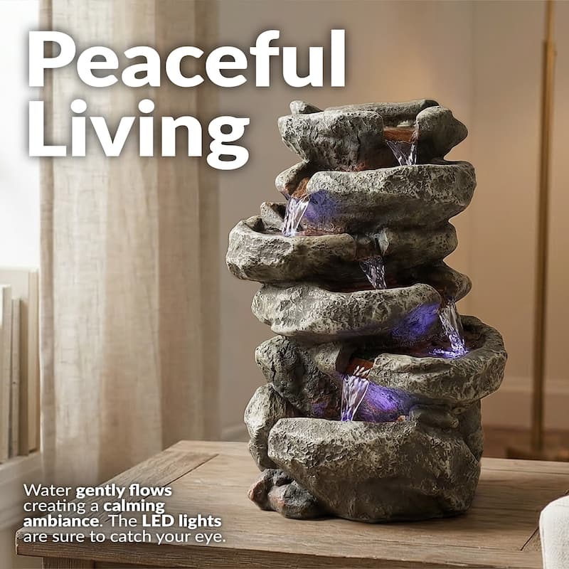 6 Tier Stone Falls Tabletop Indoor Water Fountain Feature w/ LED - 15"
