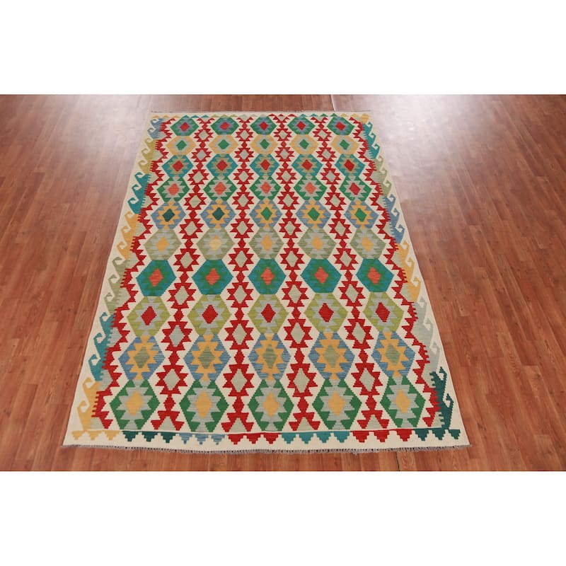 Hand Woven Oriental 100% Wool Carpet Southwestern Geometric Multi-Colored Kilim Area Rug - 8' 7'' X 6' 0''