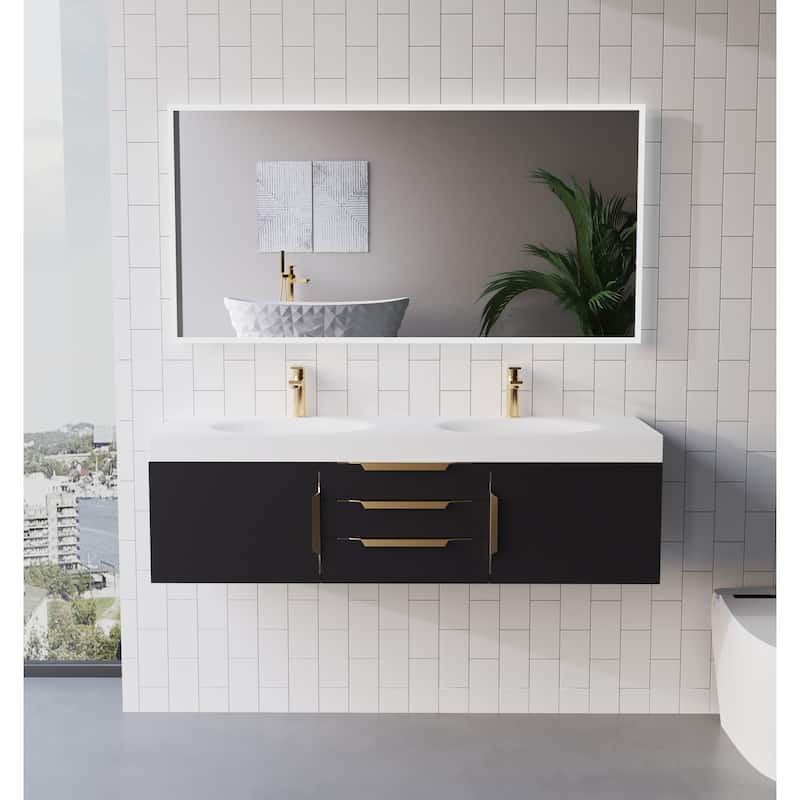 Thames 60" Shallow Basin Wall Mounted Bathroom Vanity Set w/ White Top