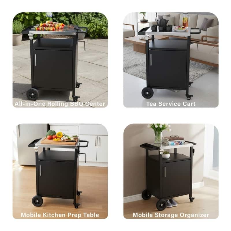 4-Wheel Black BBQ Cart With Stainless Steel Top, Single-Door Cabinet Grill Station - N/A