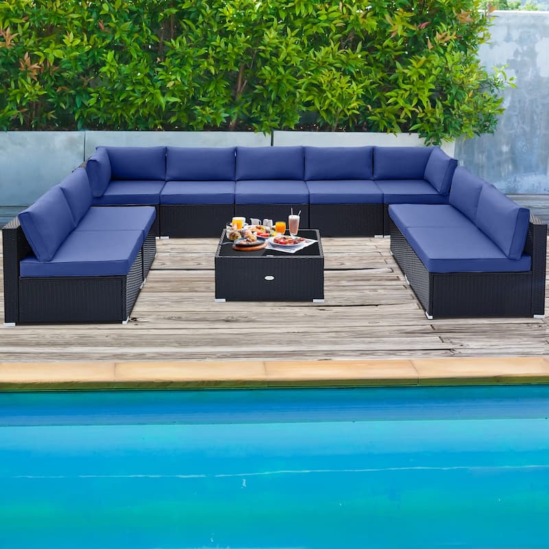 10 Piece Outdoor Wicker Conversation Set with Seat and Back Cushions - 29" x 25" x 25"
