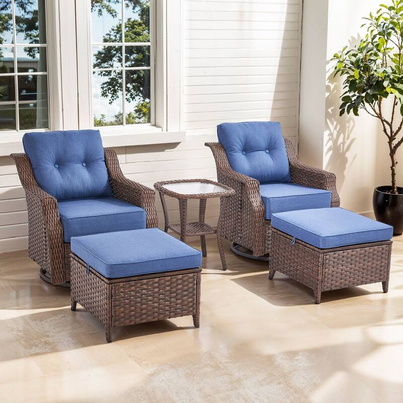 Artisan 5-Piece Wicker Patio Swivel Glider Set with 6-Inch Thick Cushions - Navy Blue - Brown Wicker