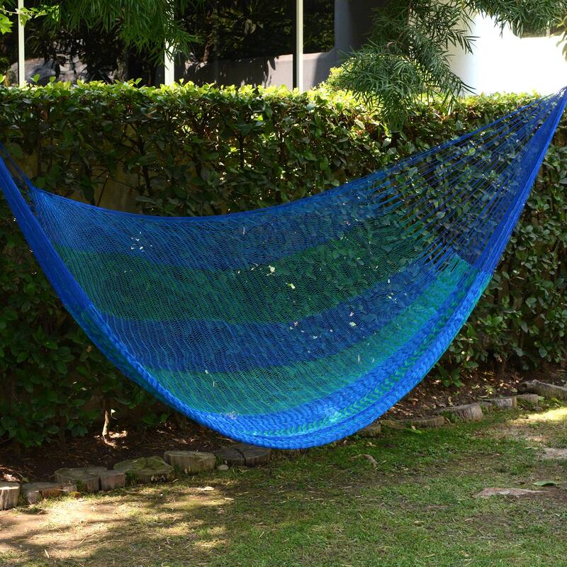 Cool Turquoise and Blue Stripe Hand Knotted Rope Style Nylon Single Hammock