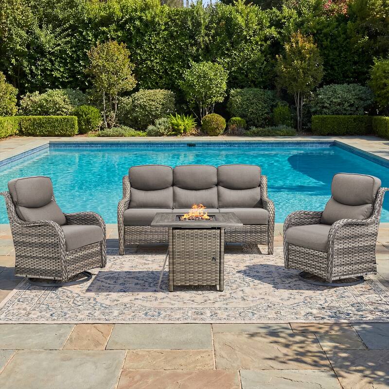 Pocassy Outdoor Propane Fire Pit Table with Sofa Swivel Chair Funiture Set. - Gray Wicker Gray Cushion - 4-Piece Sofa Swivel Chair w/ Fie Pit Table