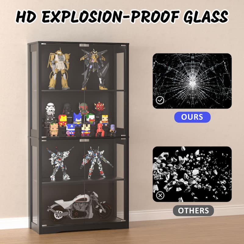VEIKOUS 68.9" Tall Glass Display Cabinet with Built-in LED Lights & Motion Sensor for Lego, Collectibles, Figures