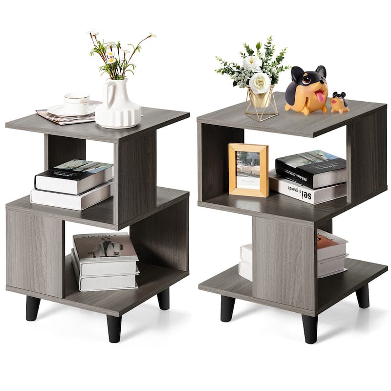 Modern Set of 2 Grey Nightstands with 3 Tier Storage Shelves for Living Room or Bedroom