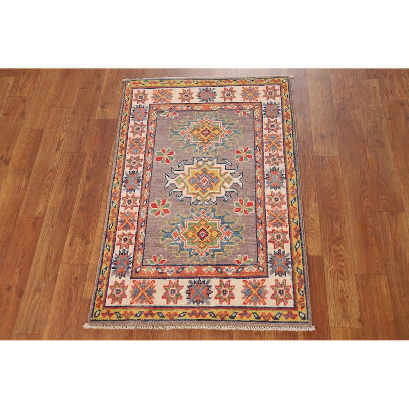 Geometric Kazak Oriental Rug Hand-Knotted Brown Wool Carpet - 2'0"x 3'0"