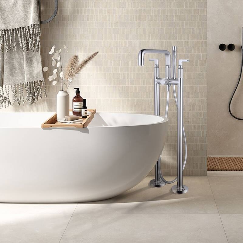 33" H Solid Brass Floor Mounted Freestanding Tub Faucet with Hand Shower and Diverter