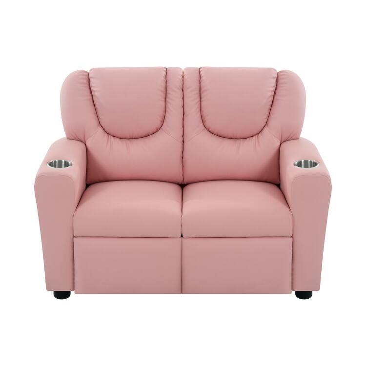 Kids Recliner Loveseat - Toddler Reclining Chair for Ages 3-5 with Cup Holders, Push-Back Recline, and Adjustable Footrest - Pink,PVC