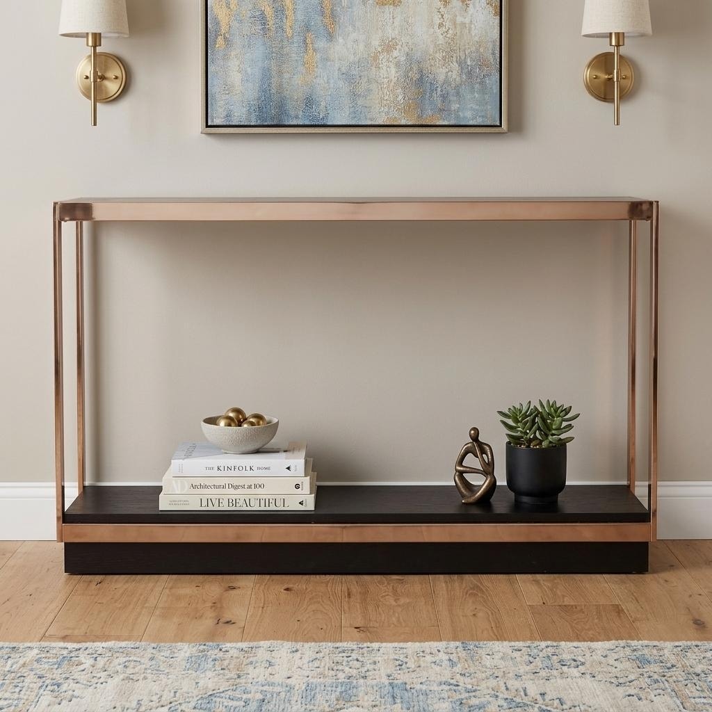 HomeRoots 48" Clear Black and Champagne Glass Floor Shelf Console Table With Shelf - 48.25 in. x 29.50 in. x 14.00 in.