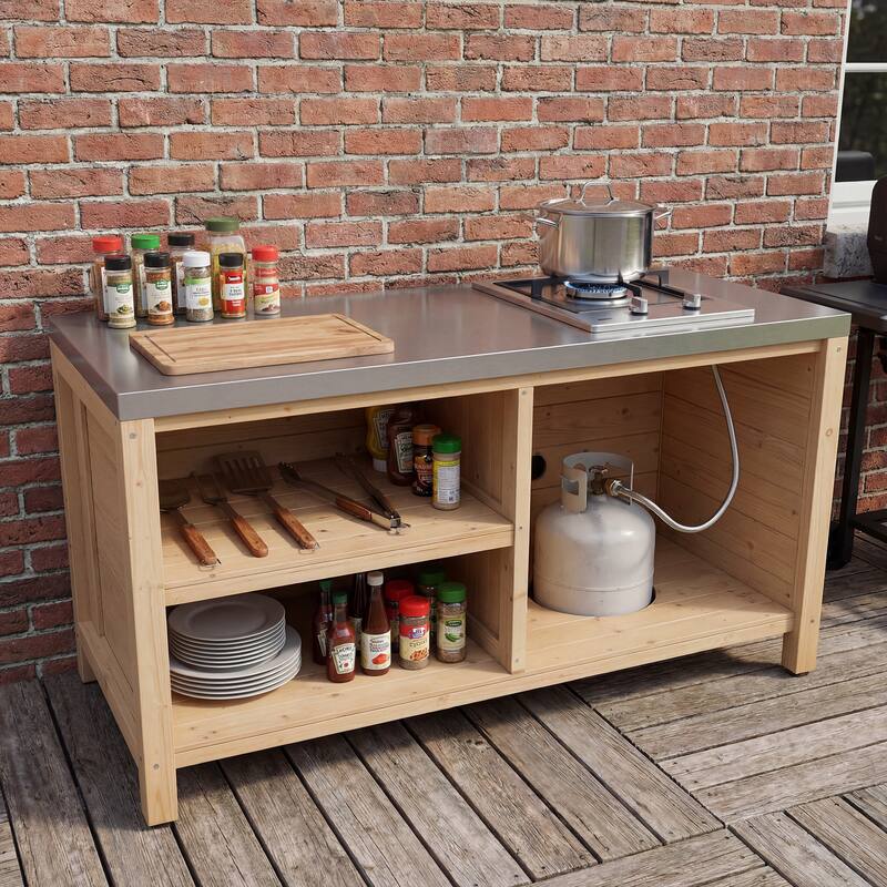 Modular Outdoor Kitchen Island Set, 100% Solid Wood BBQ Cabinet , Patio Kitchen Bar Table