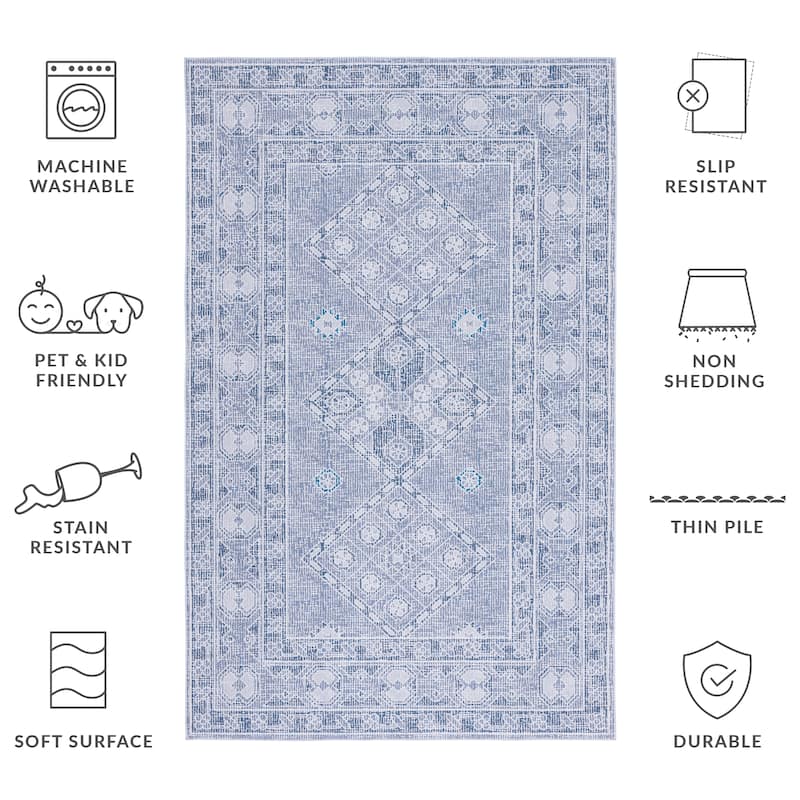 SAFAVIEH Tucson Machine Washable Slip Resistant Lotta Traditional Rug - 3' x 5' - Grey/Ivory