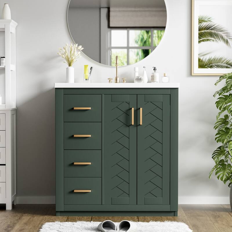 30" Modern Bathroom Vanity Combo with Ceramic Sink, Solid Wood Frame, 3 Drawers, Storage Cabinet